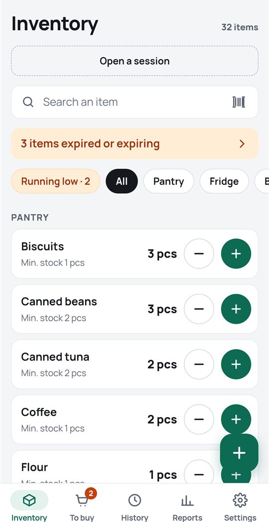 The home inventory by aisle, with stock levels and items about to expire
