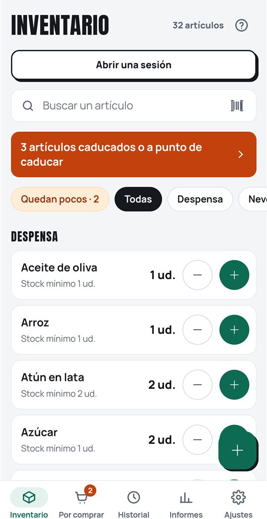 El inventario de casa por secciones, con existencias y productos a punto de caducar