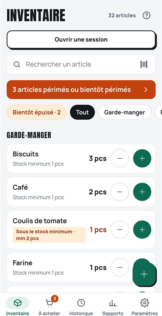 L'inventaire de la maison par rayon, avec les stocks et les produits bientôt périmés